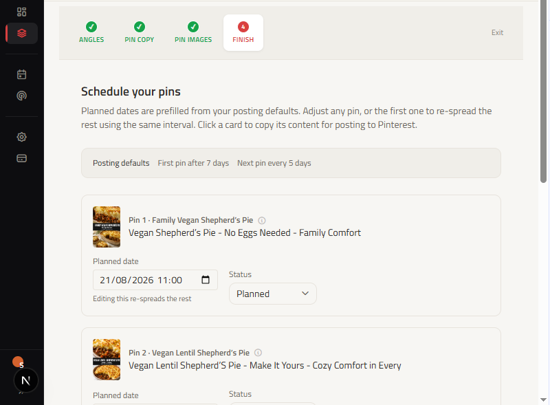 ClickToPin Finished Pins review screen displaying rendered vertical pin graphics ready for manual scheduling.