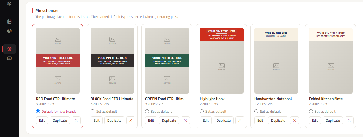 ClickToPin Pin Schema editor showing 3-zone visual layout configuration and brand typography rules.