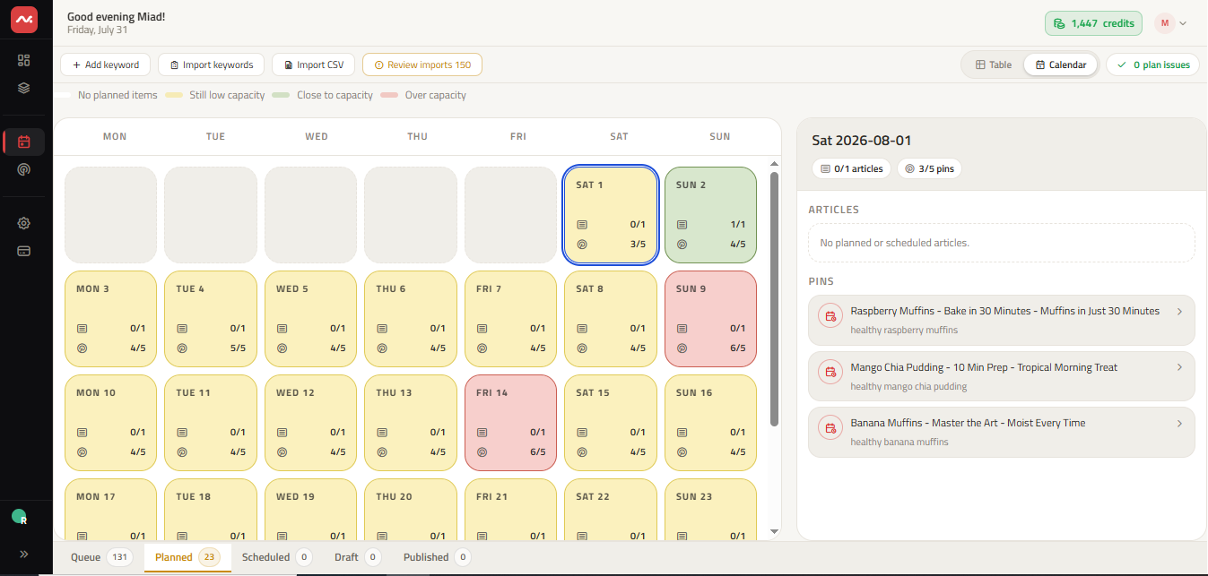 ClickToPin Planner Calendar View displaying drag-and-drop scheduled manual posting dates for finished Pinterest Pins.